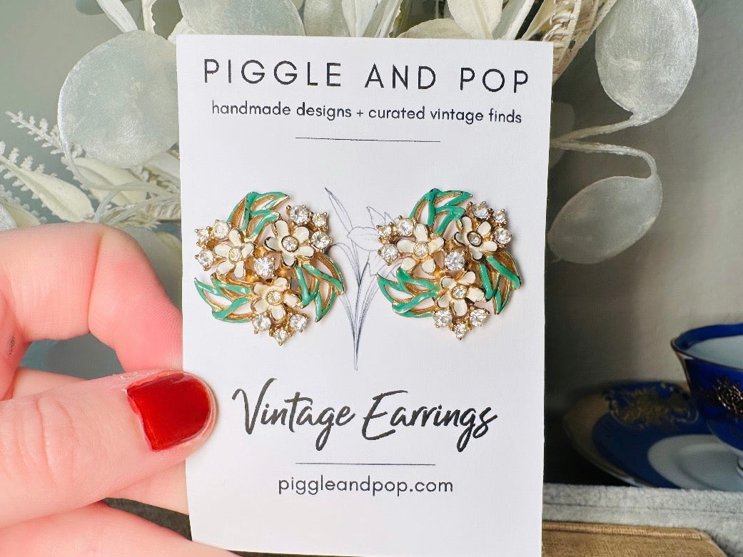Vintage Enamel Flower Earrings, 1940s Charel Gold Floral Earrings w Green & Cream Painted Flower Clusters, Clip On Designer Signed Earrings