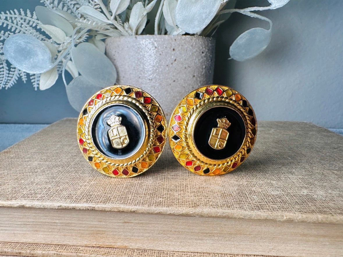 Etruscan Gold Vintage Liz Claiborne Clip On Earrings with Jeweltone Border, 1980s Classic Gold Earrings, Oversized Black Medallion Crest Non-Pierced