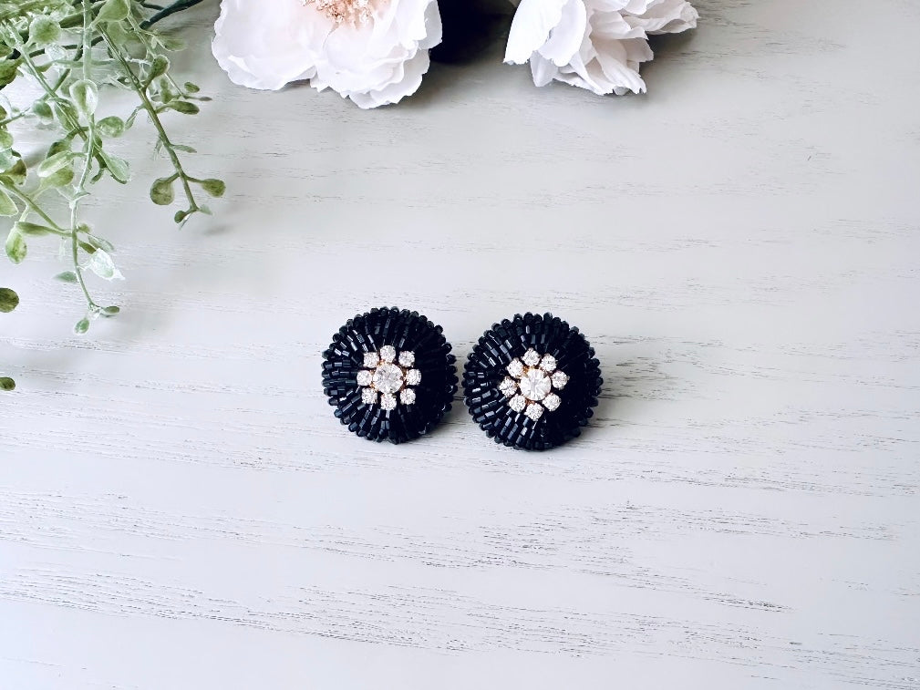 1960s Mod Vintage Beaded Statement Earrings, Black and Rhinestone Glam Clip Earrings, Rare 1960s Earrings, Retro Authentic 60s Mod Earrings