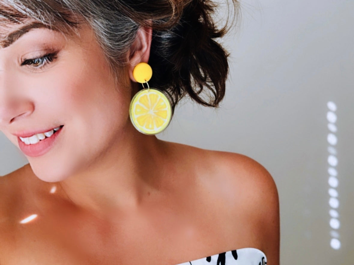 Bright Yellow Lemon Earrings, 1993 Tooty Fruity Summer Fruit Earrings, Vintage Acrylic Earrings, Big 90s Does 60s Retro Lemon Slice Earring