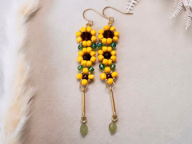 Beaded Sunflower Earrings, Handmade Cascading Yellow Flower Dangle Earrings