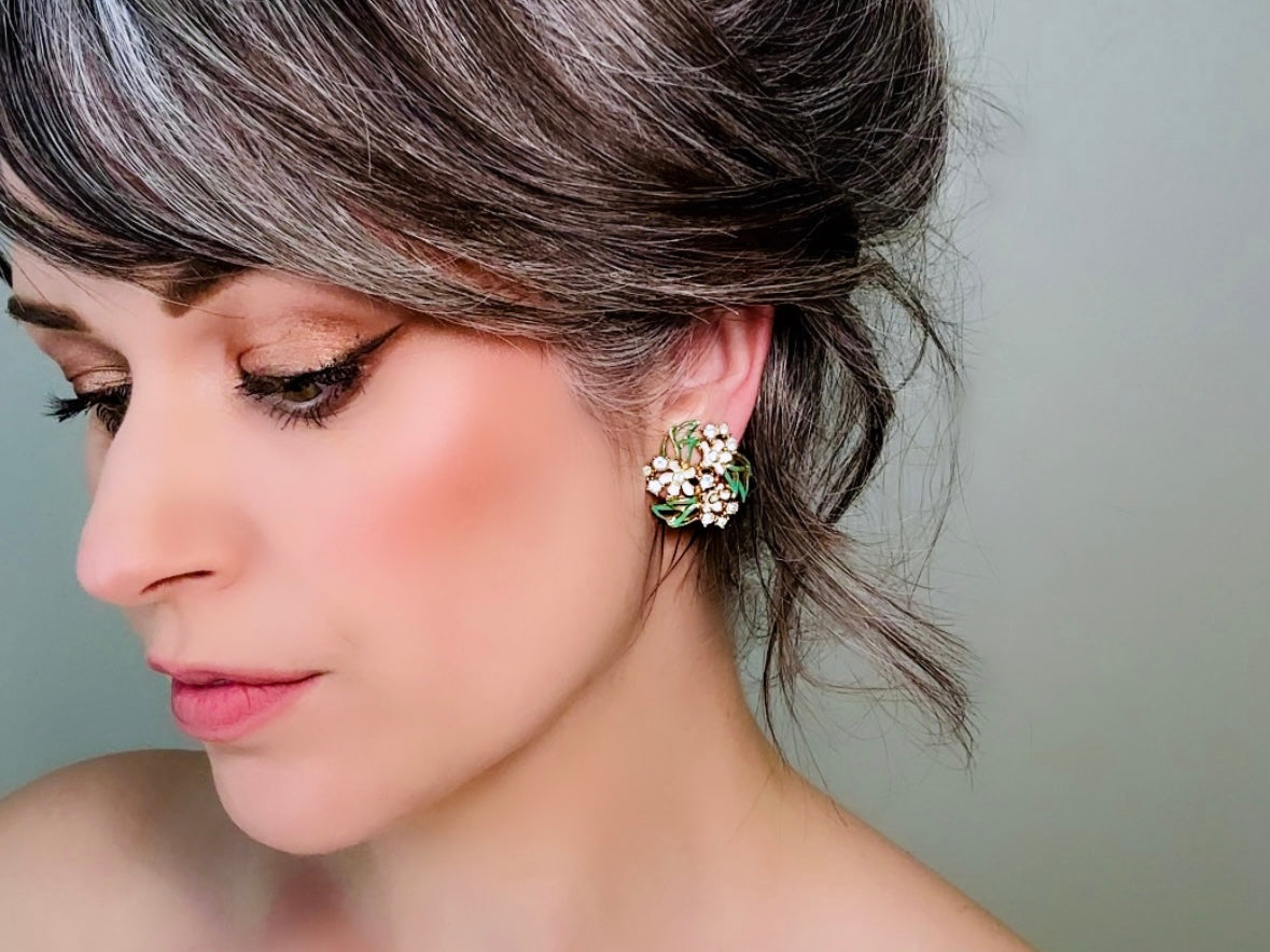 Vintage Enamel Flower Earrings, 1940s Charel Gold Floral Earrings w Green & Cream Painted Flower Clusters, Clip On Designer Signed Earrings