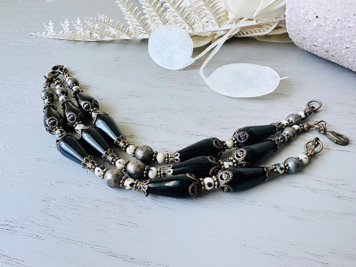 Black Gemstone Bracelet, Handmade Dalmatian Jasper, Czech Glass + Natural Pyrite Stone Bracelet, Unique Beaded Bracelet with Bronze Accents