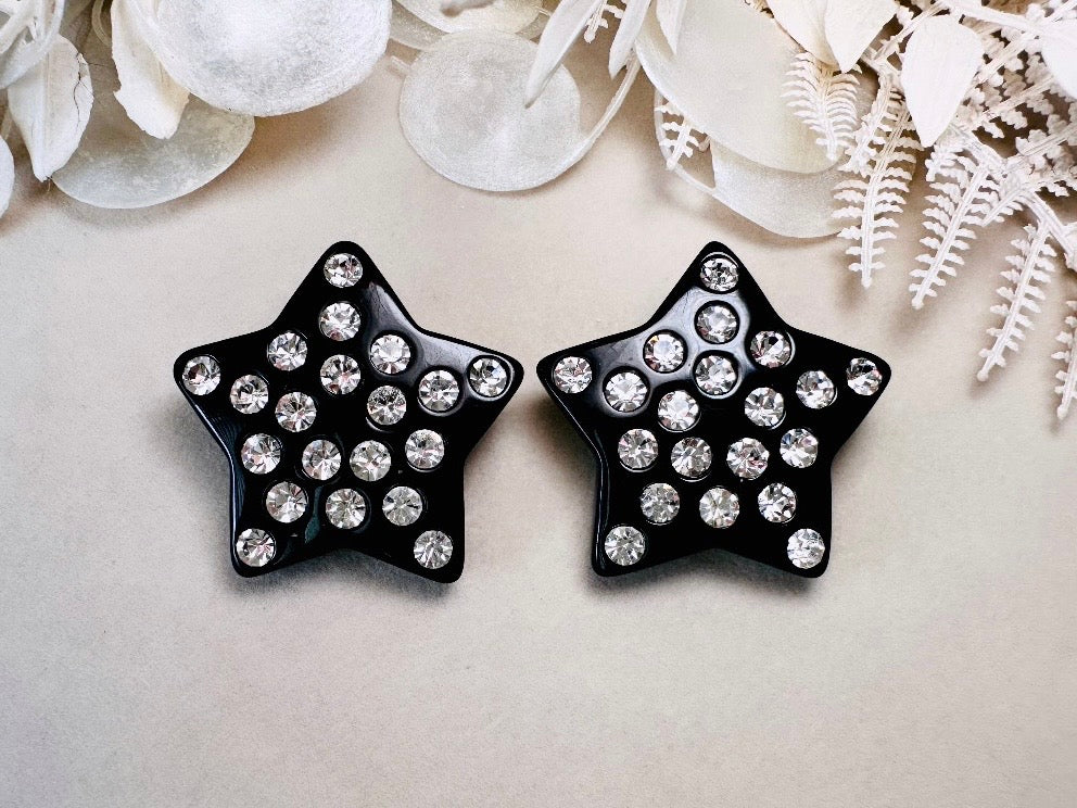 Black Star Earrings, Oversized Vintage Lucite Star Clip Ons with Rhinestones