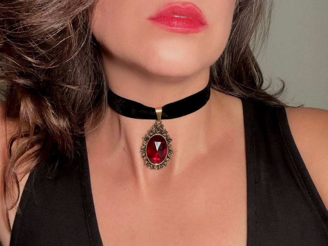 Black Velvet Choker Necklace with Red Bezel Set Crystal, Antique Gold Floral Pendant, Victorian Ribbon Choker with Glowing Faceted Cabochon