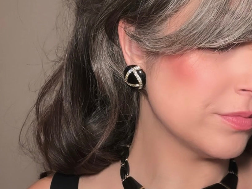 Stunning Black Vintage Earrings with Channel Set Diamond Rhinestones by Piggle and Pop modelled by Bethan Jayne