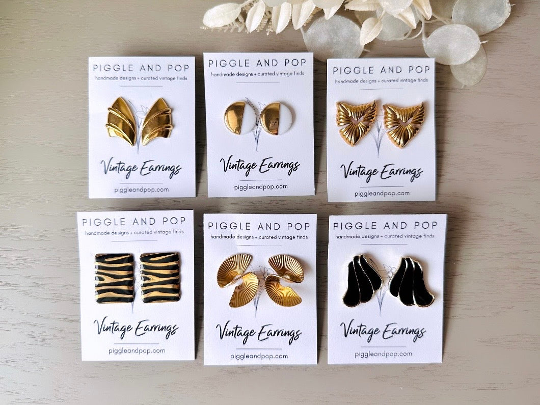 Black Wave Earrings, Vintage 1980s Pierced Post Earrings