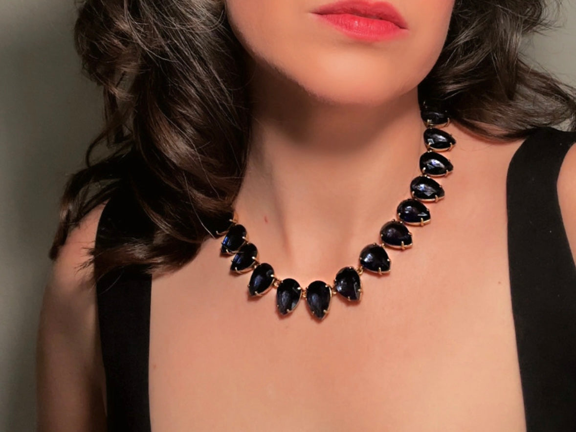 Blue Rhinestone Statement Necklace, Vintage J Crew Faceted Teardrop Collar Necklace in Deep Montana Blue