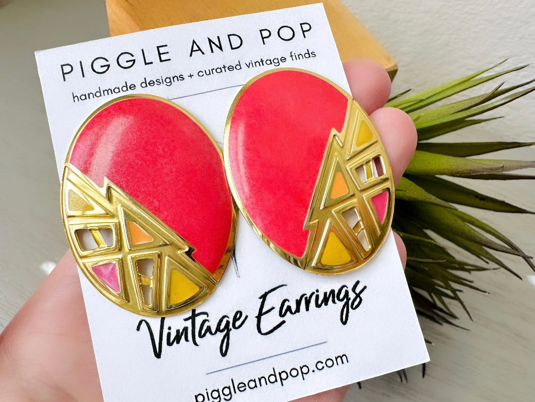 Bright Vintage Berebi Earrings, Red Orange Yellow Big Oval Geometric 80s Designer Earrings, 1980s Pierced Enamel Lace Cut Out Earrings