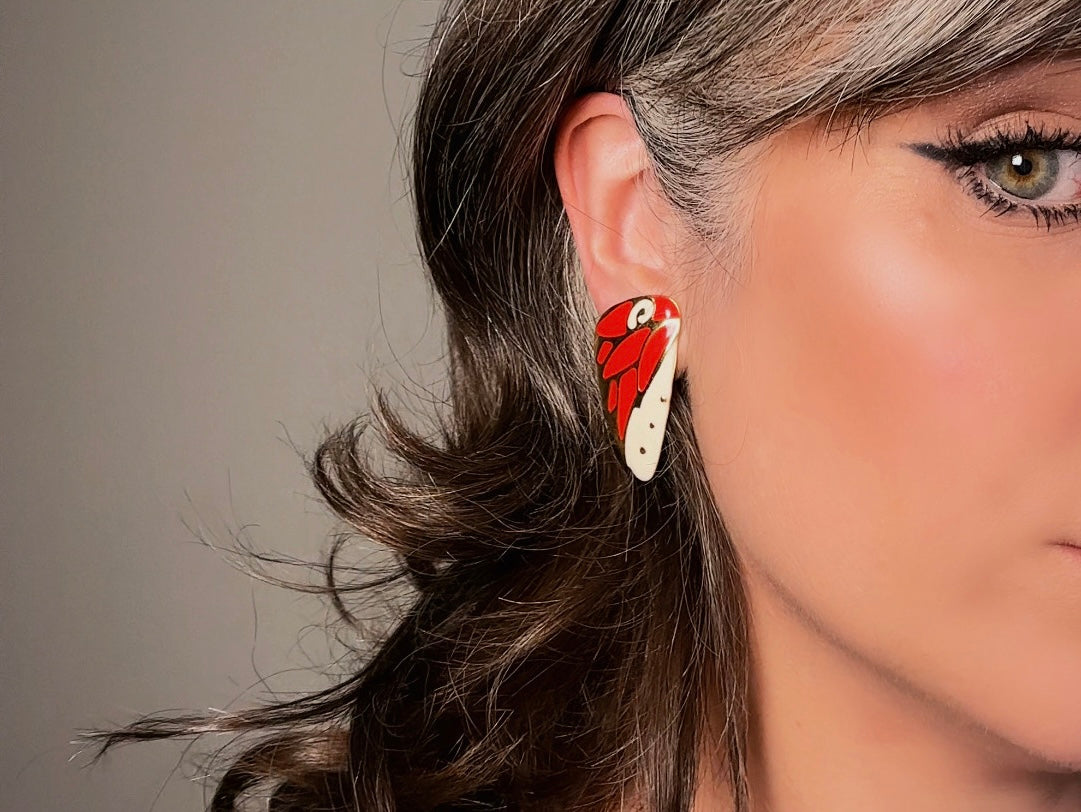 Butterfly Wing Earrings, Vintage Berebi Enamel Earrings in Red and White