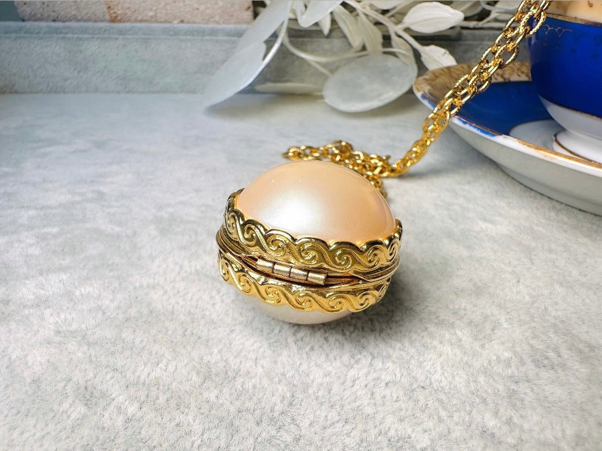 Pearl Locket Necklace, LCI Gold Locket Pearl Sphere Pendant Necklace, Long Gold Chain Vintage Liz Claiborne Pearl Locket Pendant