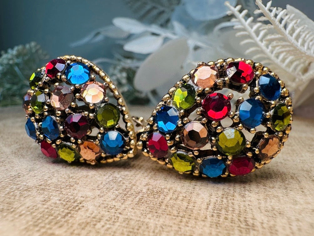 Vintage Rainbow Earrings, Colorful 60s Crystal Inverted Teardrop Clip Ons, Gorgeous Rhinestone Cocktail Earrings, Unique Statement Earrings