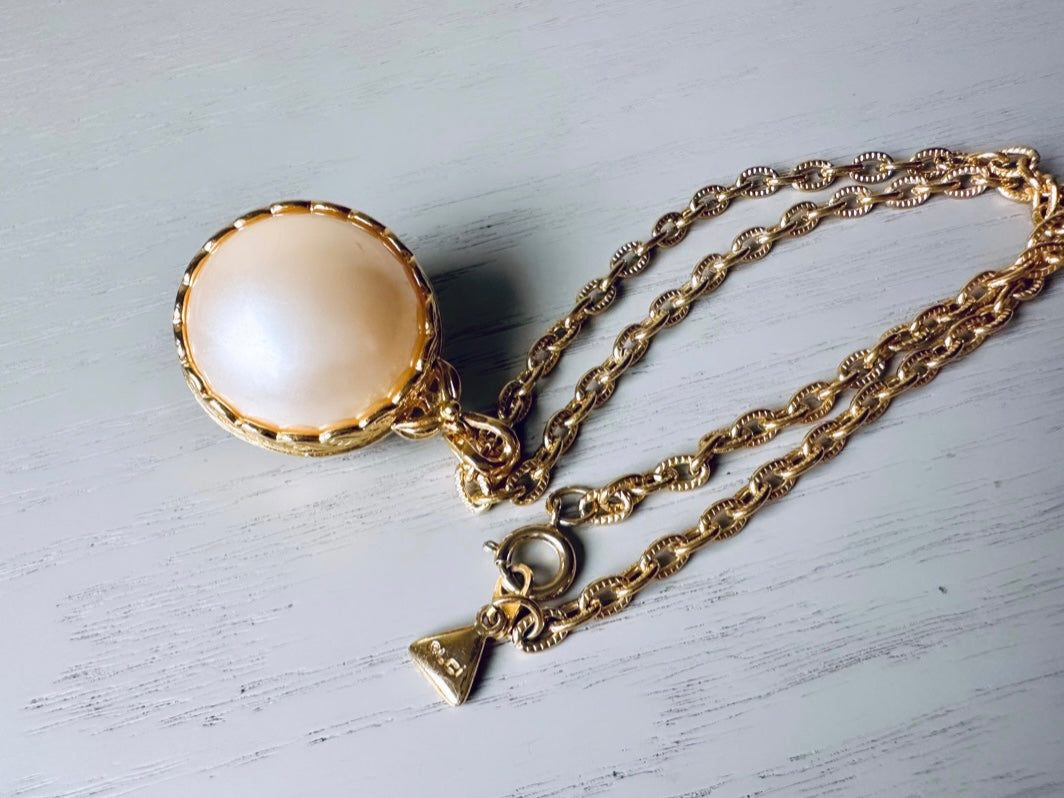 Pearl Locket Necklace, LCI Gold Locket Ball Rare Pearl Sphere Pendant Necklace, Long Chain Vintage Liz Claiborne Faux Pearl Locket Pendant