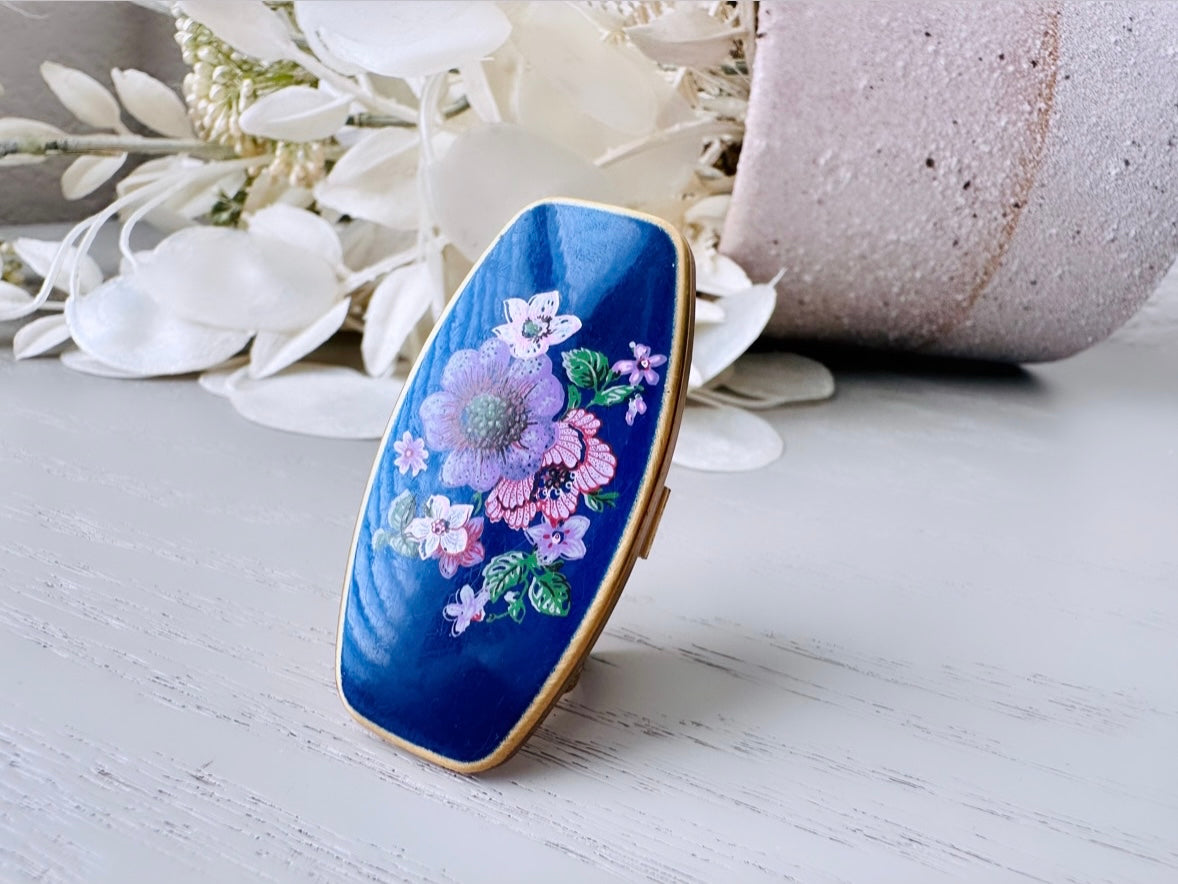 Vintage Lipstick Mirror, Vintage 1950s Cosmetic Case, Deep Navy Blue Indigo with Purple Flowers Mirror, Vtg 50s Floral Makeup Mirror
