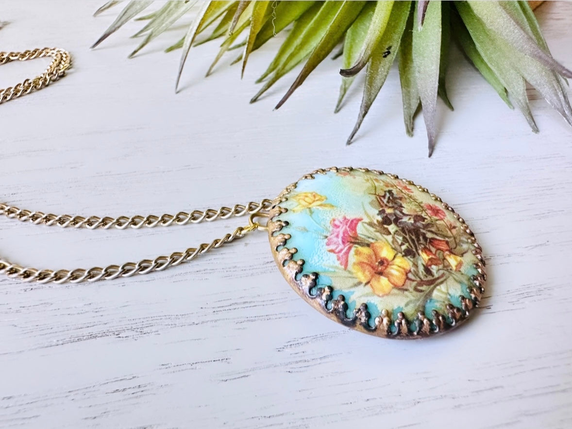 1940’s Floral Bouquet Cameo Brass Filigree Necklace, West German Flower Cameo, Darling Whimsical Pendant Necklace Blues Pink Yellows Gold