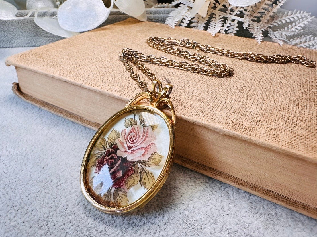Victorian Pendant Necklace, Vintage Floral Cameo Necklace, Whimsical Cottagecore Long Gold Tone Chain with Romantic Glass Flower Pendant