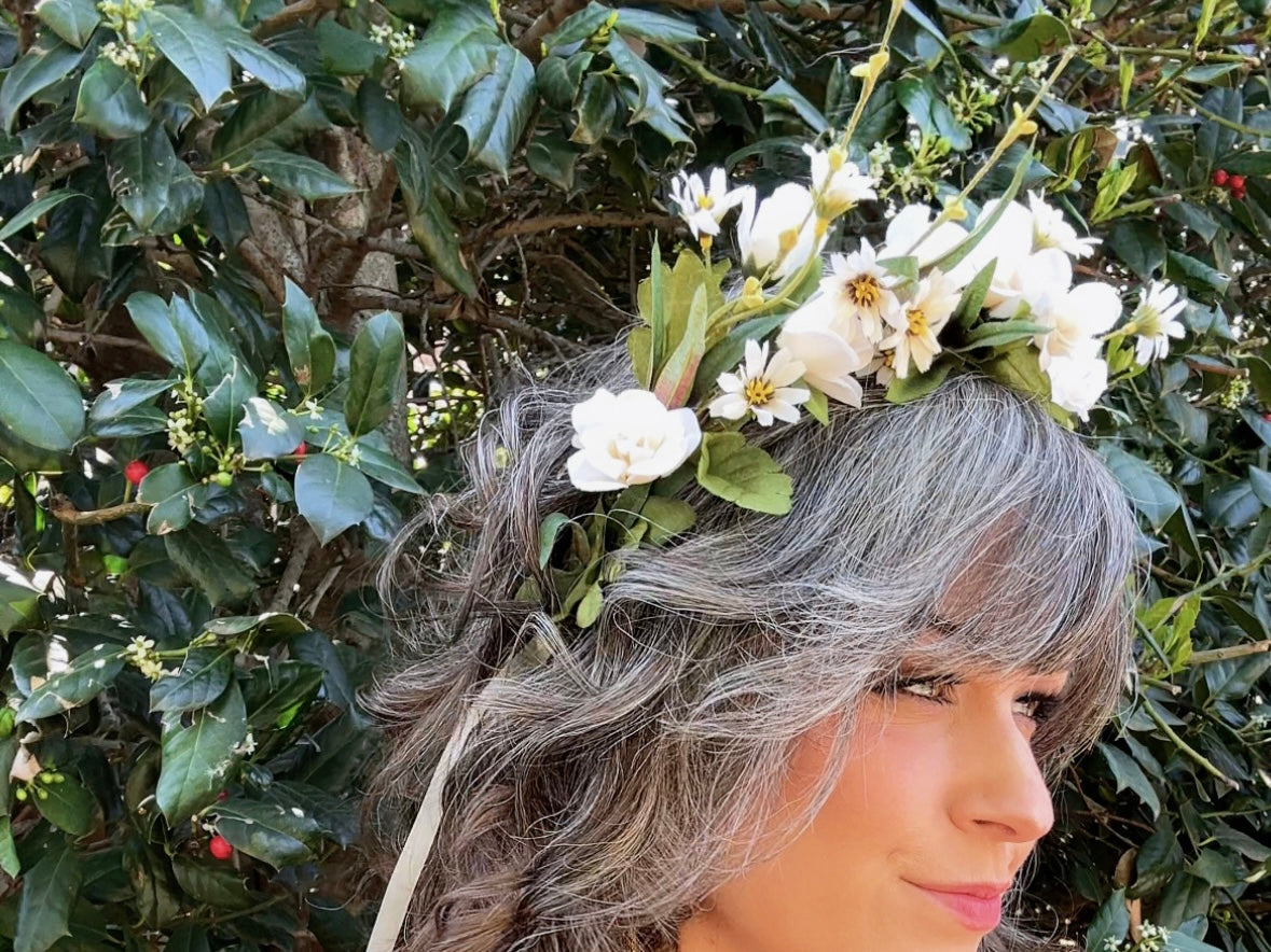 Ivory Flower Crown, Handmade Woodland Nymph Bridal Floral Hair Wreath, Cream Forest Queen Headpiece
