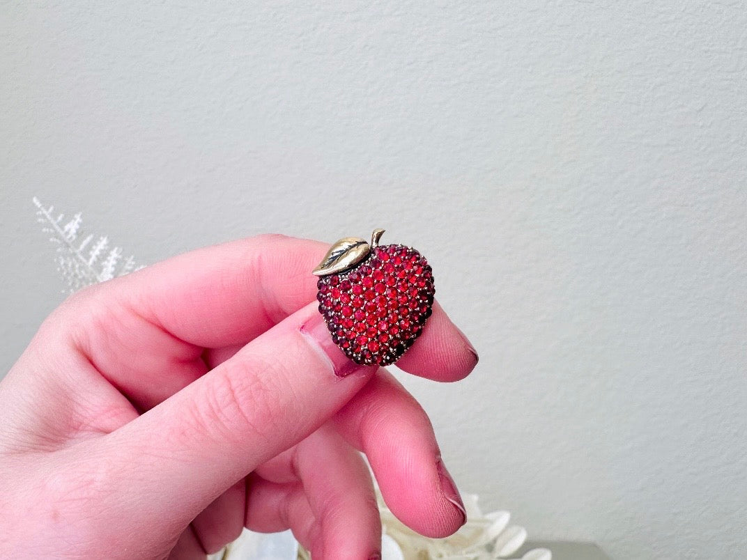 Monet Apple Brooch, Vintage Rhinestone Apple Pin, Designer Vintage Fruit Broach, Gold with Rhinestones