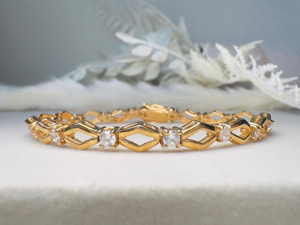 Vintage Tennis Bracelet, Roman Gold Link Bracelet with Crystals