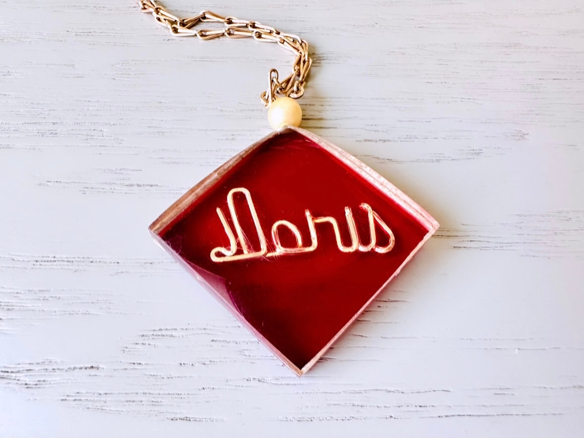 Doris Vintage Necklace, Clear + Red Lucite Diamond Shape Pendant Necklace, Personalized Doris Name Wire Work Faux Pearl, Gold Tone Chain