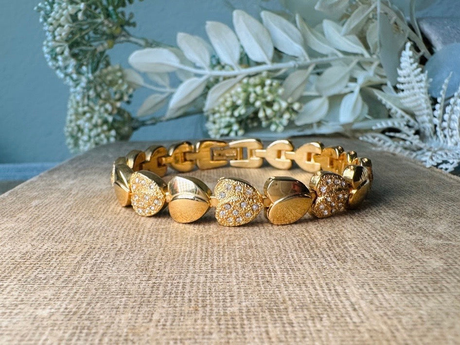 Gold Heart Bracelet, Shimmering Rhinestone Tennis Bracelet
