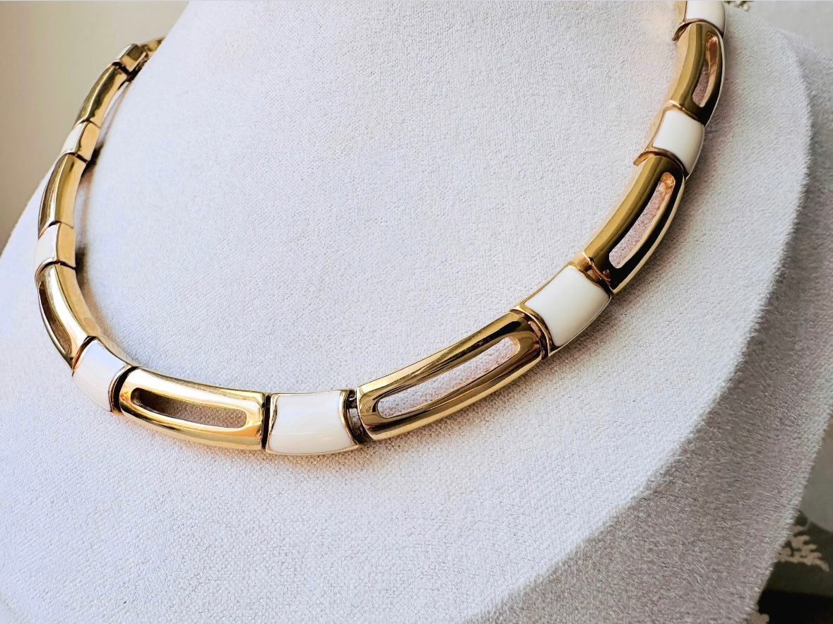 Vintage Monet Necklace in Cream and Gold, 1970s Vintage Designer Jewelry, Geometric Gold Bar Panel Link Choker Necklace, Adjustable Length