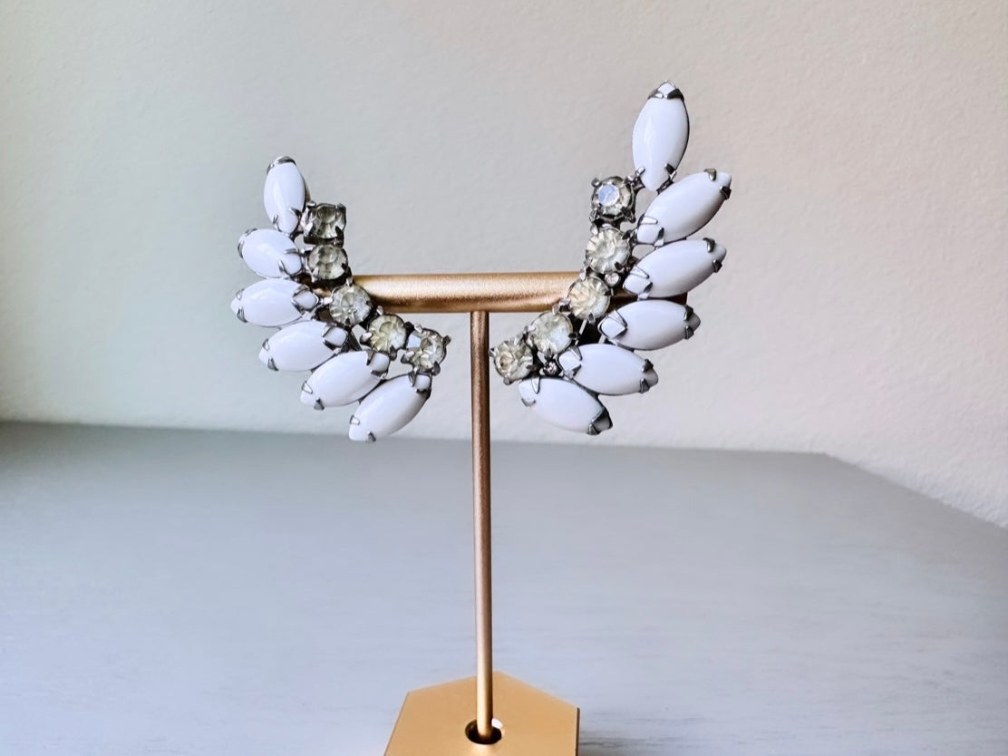 Vintage Milk Glass Earrings, 1960s Dramatic Rhinestone Clip-on Earring, Prong Set Vintage Crawler Earrings, Stunning Elegant Bridal Earrings