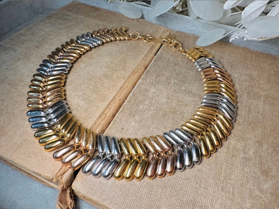 Vintage Monet Collar Necklace, Striking Tritone Cleopatra Choker in Gold, Silver + Copper, Chunky Herringbone Articulated Statement Necklace