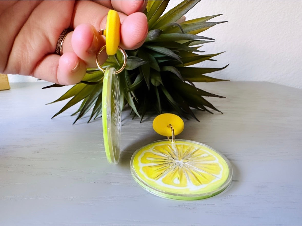 Bright Yellow Lemon Earrings, 1993 Tooty Fruity Summer Fruit Earrings, Vintage Acrylic Earrings, Big 90s Does 60s Retro Lemon Slice Earring