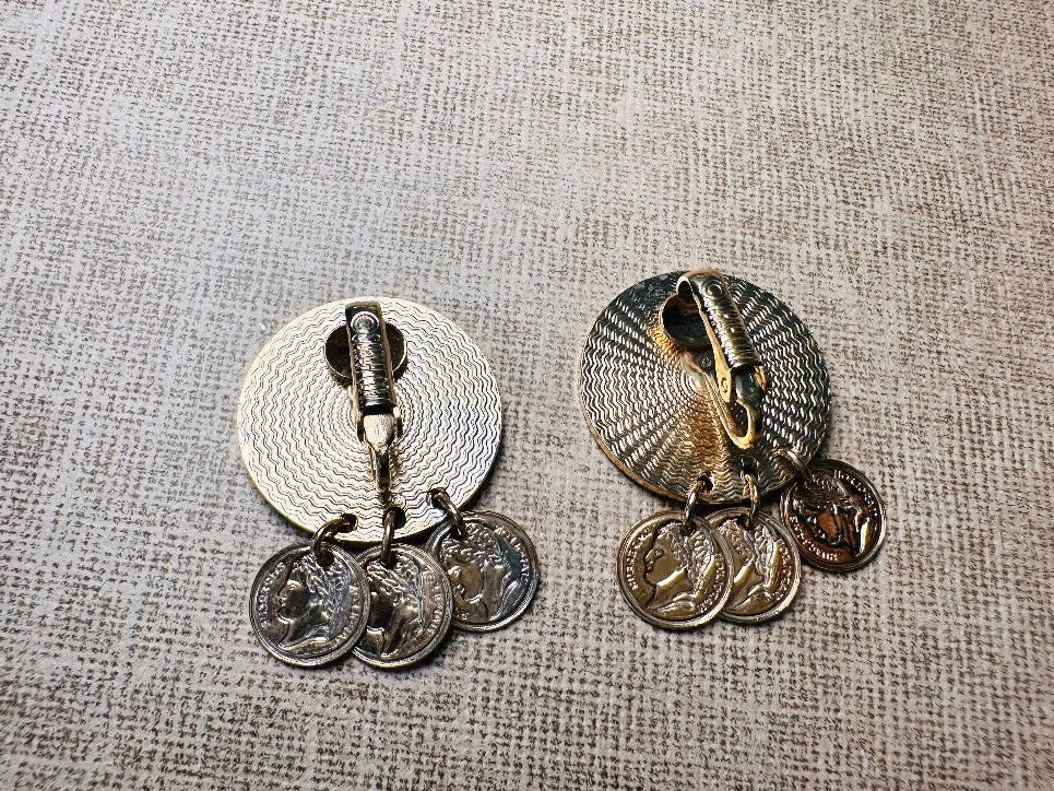 Gold Coin Earrings, Vintage 1970s Roman Earrings, 1971 Napoleon Gold Medallion Chandelier Earrings, Etruscan Style Dangle Charm Earrings
