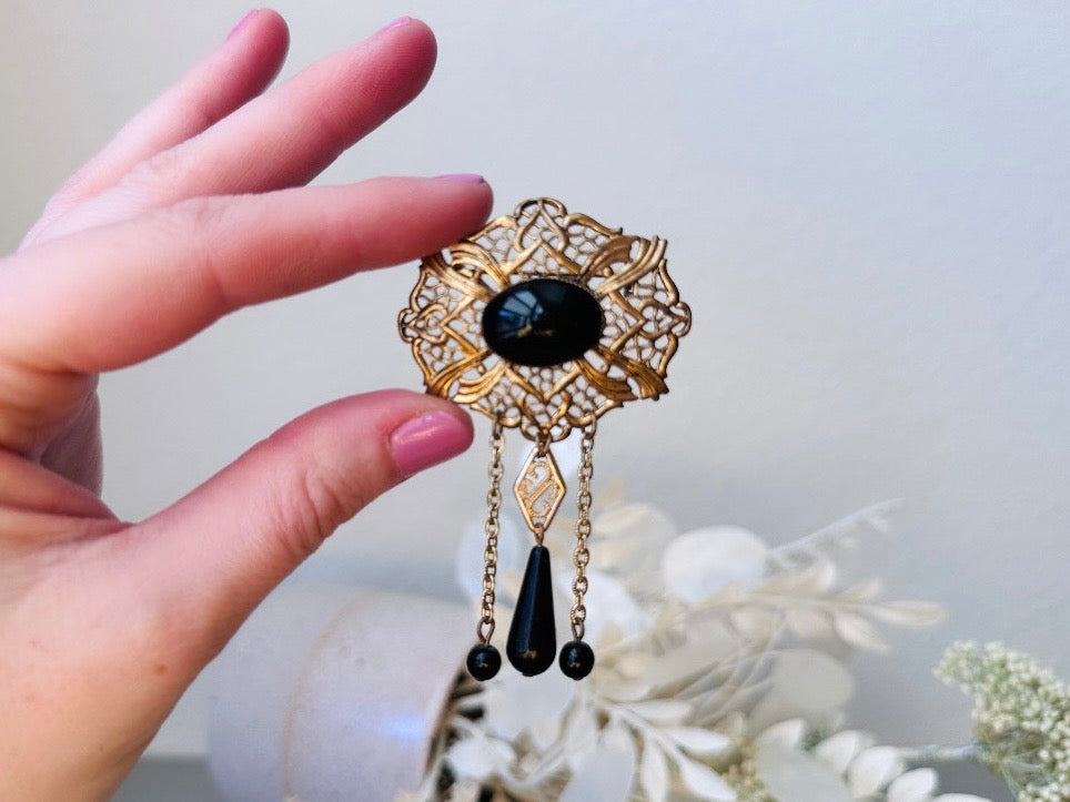 Black Vintage Brooch, Antique Bronze Filigree Brooch with Black Cameo & Chain Tassels Romantic Vintage Pin Victorian Revival Gifts for Her