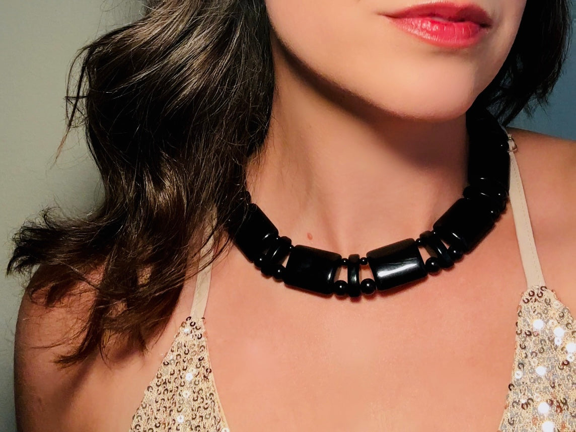 Vintage Black Monet Necklace, Runway Couture Jet Black Lucite Beaded Necklace w Stunning Gold Clasp, Rare Signed Designer Vintage Necklace