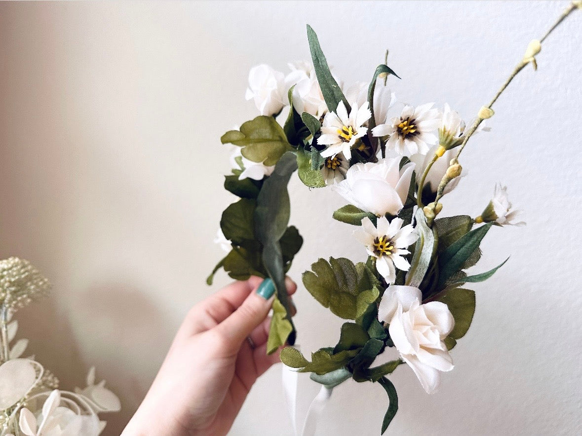 Ivory Flower Crown, Handmade Woodland Nymph Bridal Floral Hair Wreath, Cream Forest Queen Headpiece