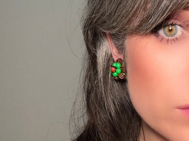 60s Beaded Clip On Earrings, Unique Vintage Retro Earrings in Red and Green, Made in Hong Kong