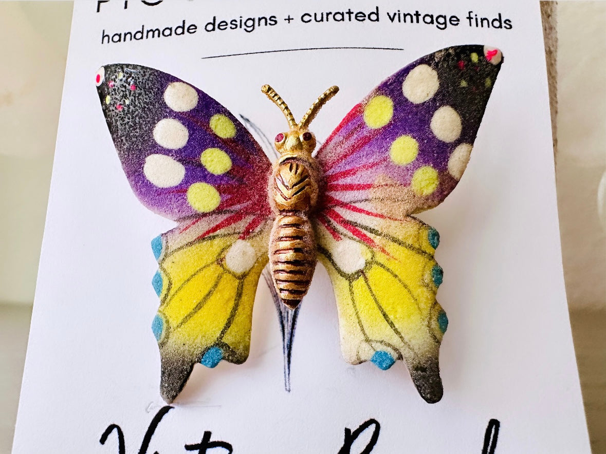 Colorful Butterfly Brooch, Pretty Vintage Enamel Butterfly Pin, Beautiful Purplr Pink Yellow and Gold Tone Butterfly Broach, Spring Fashion
