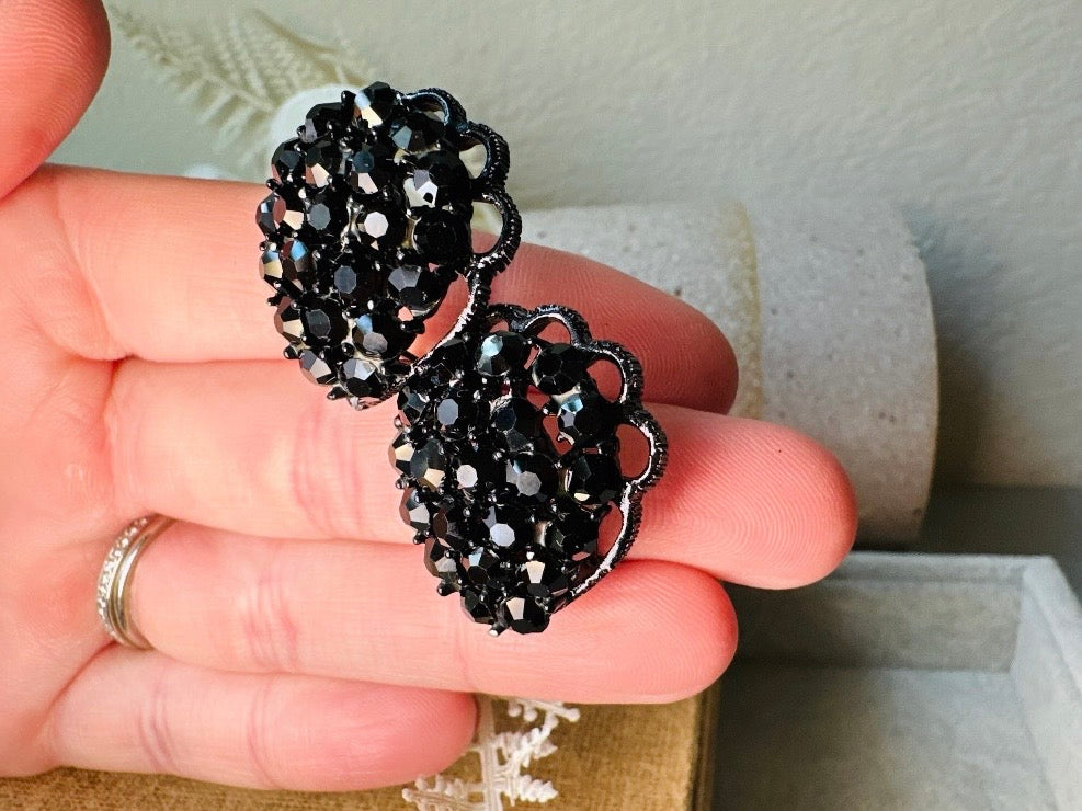 All Black 1960's Sparkling Earrings, 60s Signed Designer Weiss Vintage Teardrop Clip On Black Rhinestone on Black Enamel Earrings