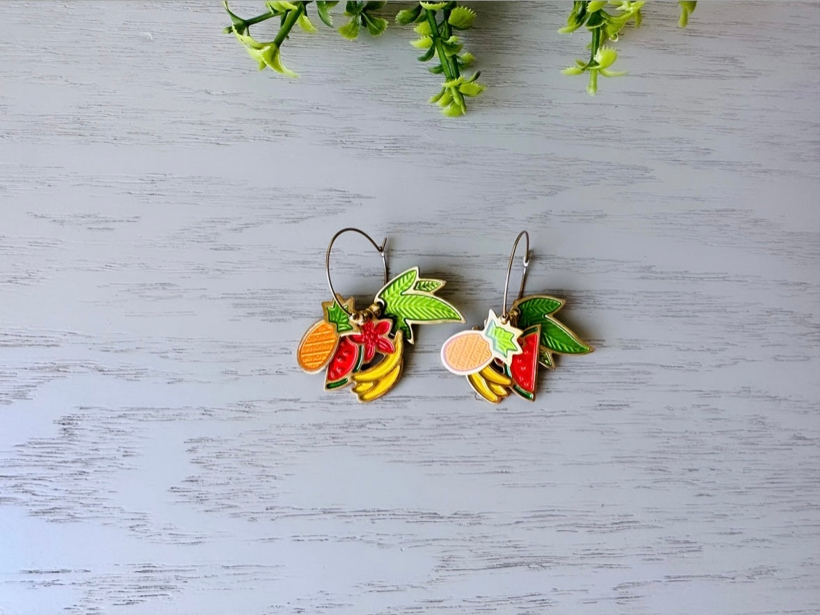 Berebi Fruit Earrings, Vintage Pineapple Watermelon Banana Earrings, Fun Fruit Salad Earrings, Pierced Enamel Hoop Earrings, Colorful Retro Kitsch Earrings