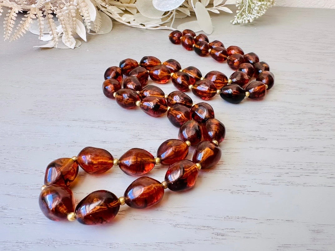 Vintage Faux Amber Necklace, Long Beaded Glowing Rootbeer Simulated Amber Trifari Necklace with Gold Accents, 1970s Signed Designer Jewelry