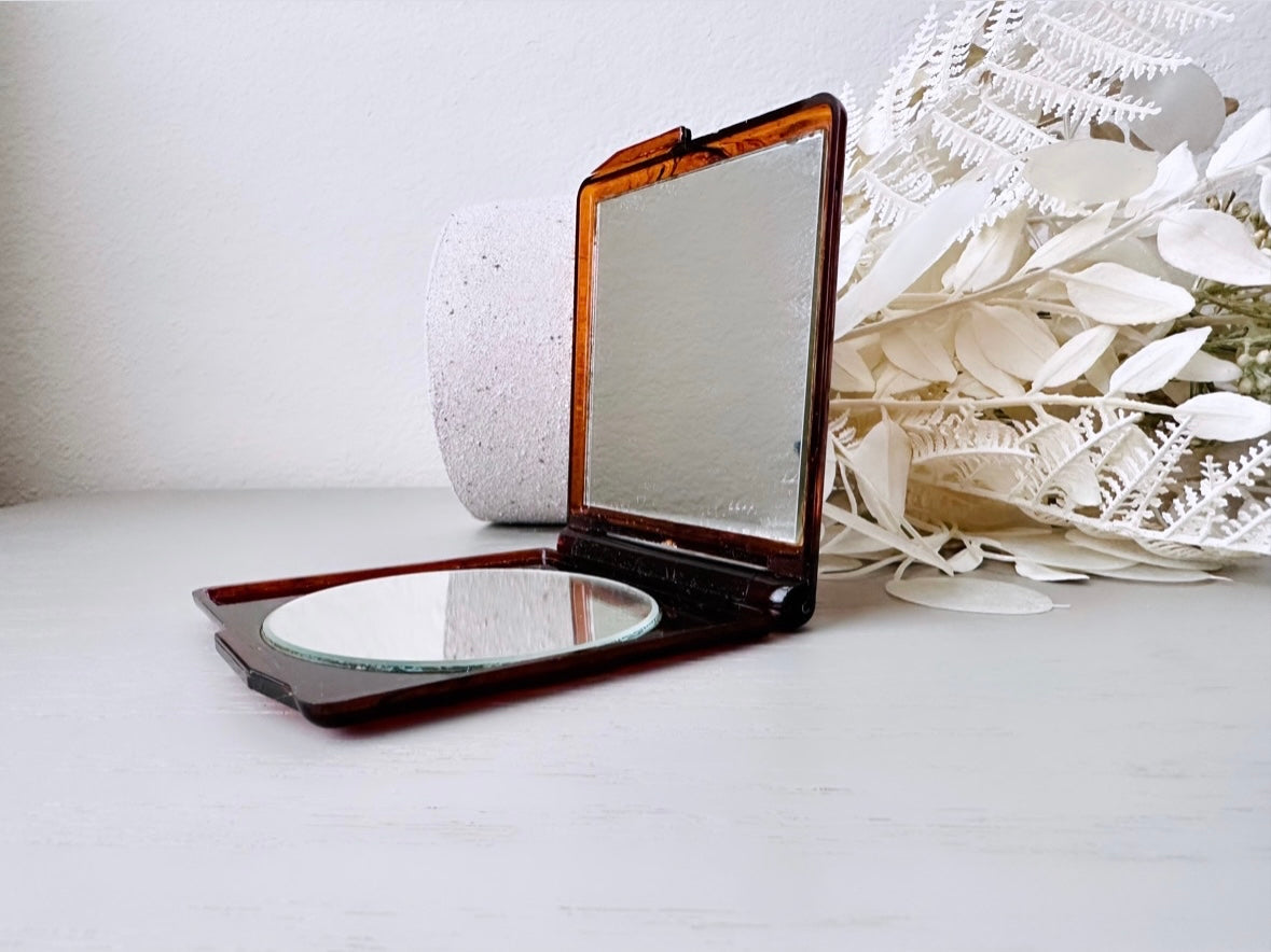 Tortoiseshell Amber Vintage Double Mirror Compact, Made in Japan, Vintage Mirror for Purse, Make-Up, Beautiful Brown Orange Fall Accessories