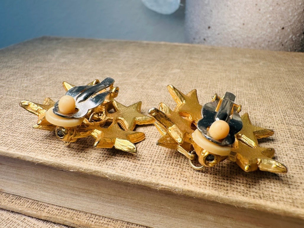 Vintage Star Earrings, Dimensional Gold and Rhinestone Statement Earrings, Unique Celestial Dangle Earrings, Star Charm Clip Ons