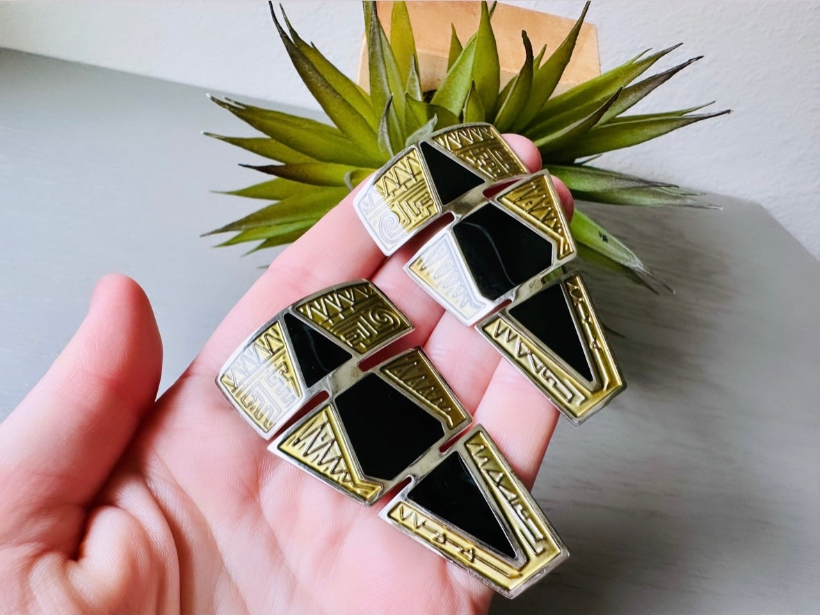 Rare Vintage Berebi Earrings, 1980s Black and Gold Pierced Post Earrings, 80s Dramatic Graduated Tiered Triangle Pierced Earrings