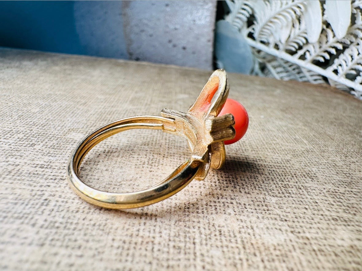 Vintage Orange Coral Ring, Avon 1975 Spindrift Ring, Faux Coral Statement Ring, Unique Gold Tone 70s Adjustable Ring Size 6-7