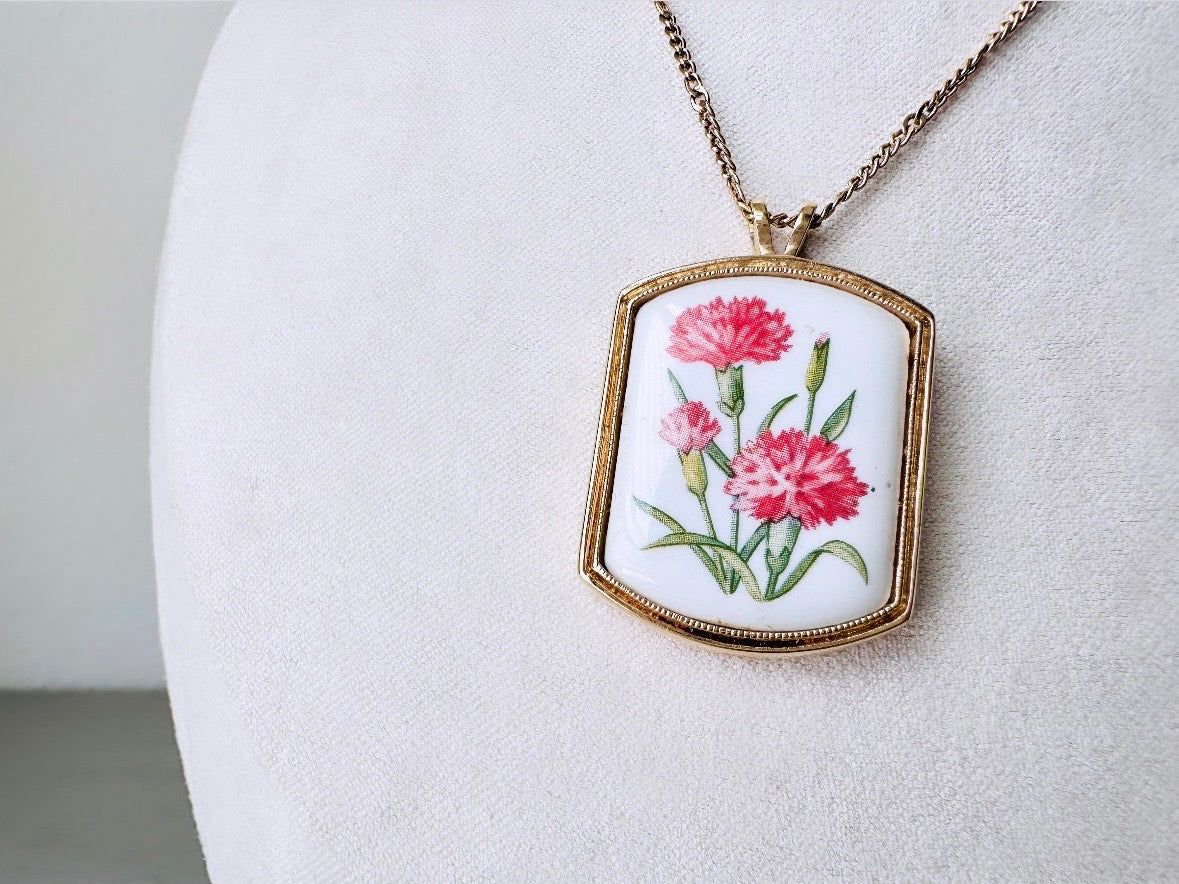 January Birthflower Necklace, Pink Carnation January Birthday Necklace, 1980 Floral Heritage Porcelain & Gold Botanical Flower Pendant