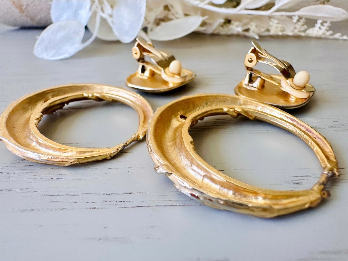Vintage Panther Earrings, Black Enamel Rhinestone Convertible Earrings, Fantastic 1980s Matte Gold Hoop Earrings, 1980s VTG Clip On Earrings