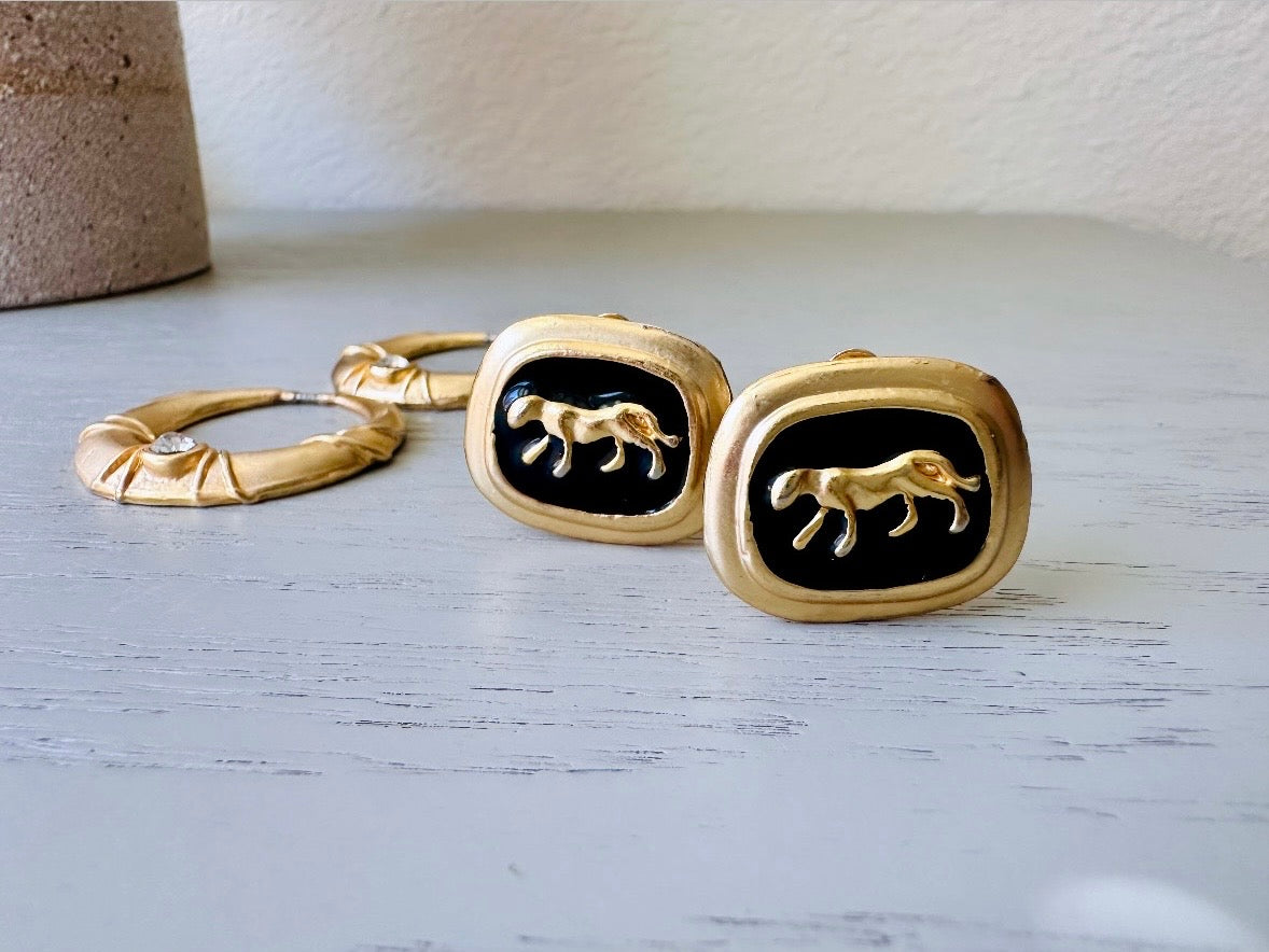 Vintage Panther Earrings, Black Enamel Rhinestone Convertible Earrings, Fantastic 1980s Matte Gold Hoop Earrings, 1980s VTG Clip On Earrings