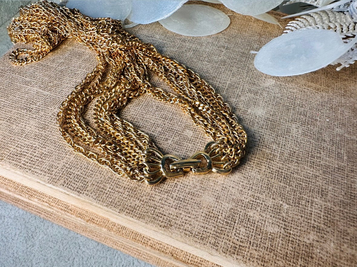 Vintage Gold Chain Multistrand Necklace, Gorgeous 8 Strand Fine Gold Chain Layered Necklace with Beautiful Butterfly Clasp