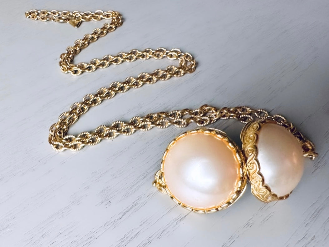 Pearl Locket Necklace, LCI Gold Locket Ball Rare Pearl Sphere Pendant Necklace, Long Chain Vintage Liz Claiborne Faux Pearl Locket Pendant