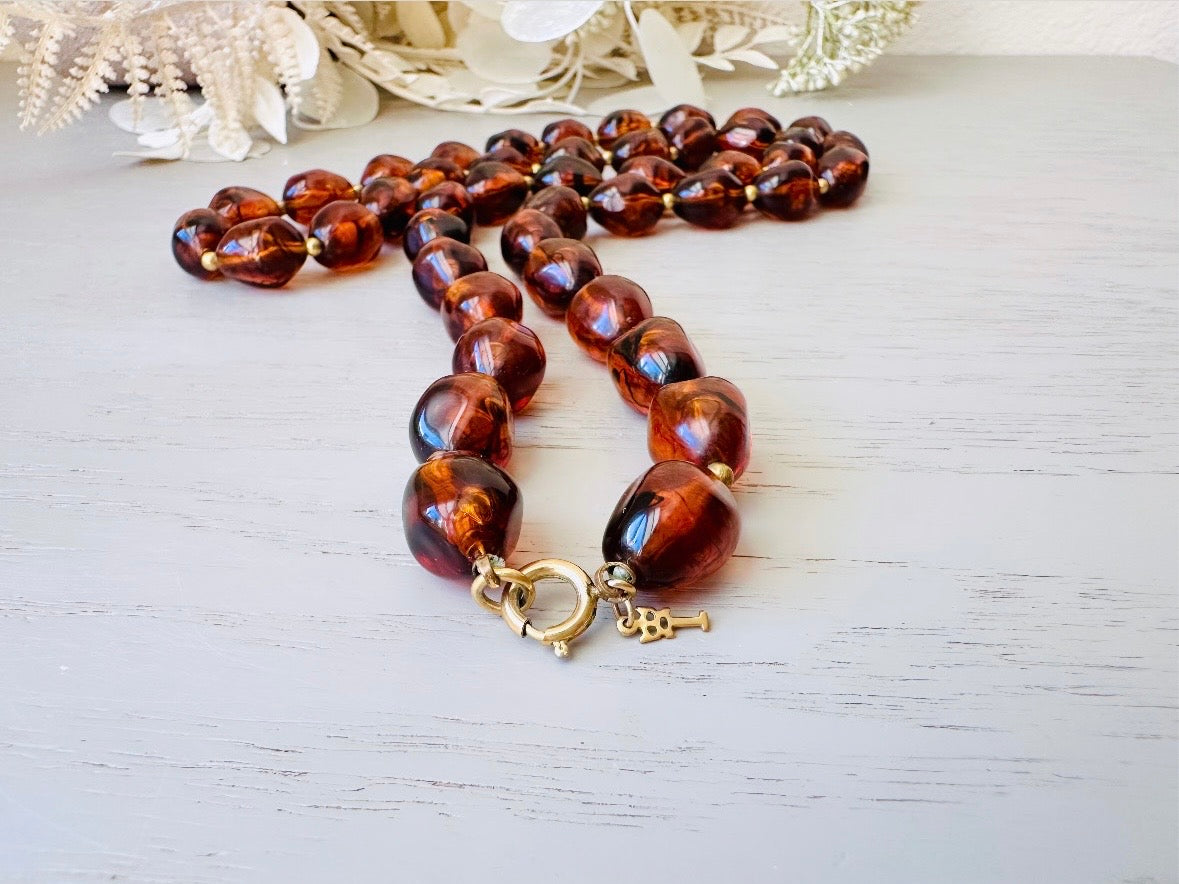Vintage Faux Amber Necklace, Long Beaded Glowing Rootbeer Simulated Amber Trifari Necklace with Gold Accents, 1970s Signed Designer Jewelry
