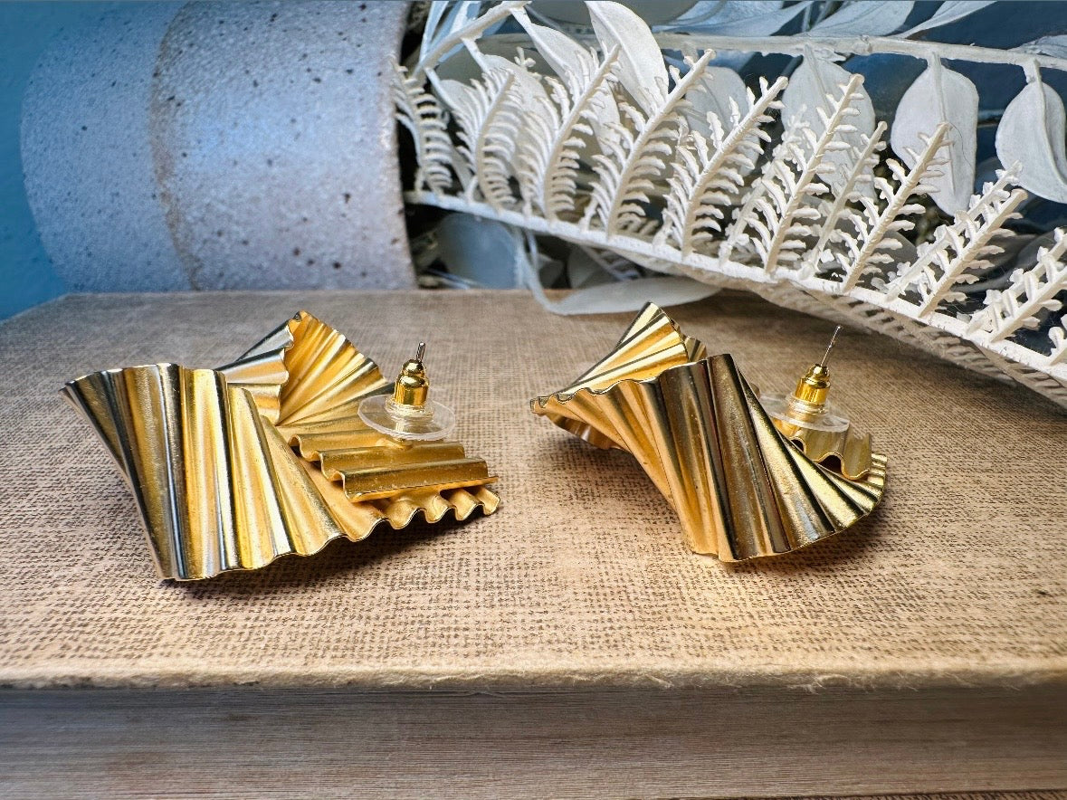 Gold Ribbon Earrings, Vintage 1980s Glam Oversized Earrings