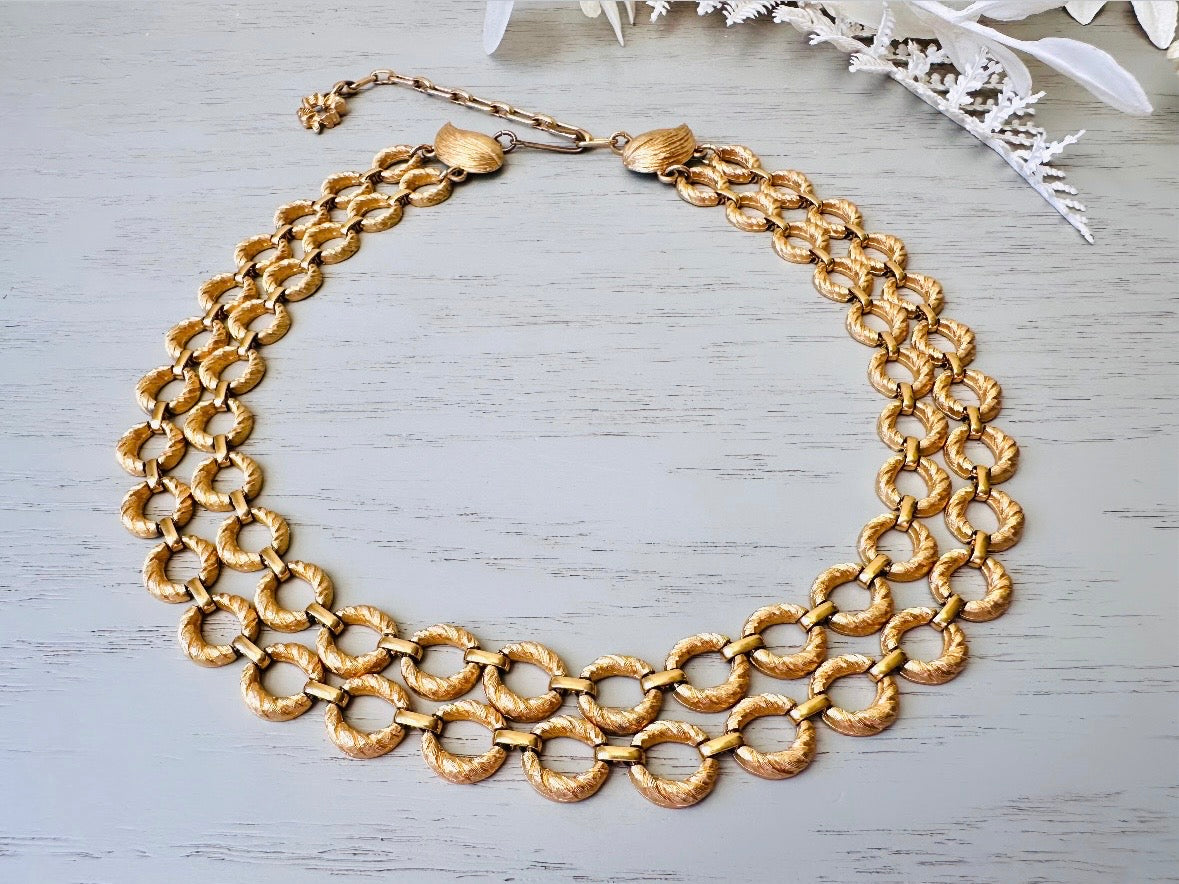 Gold Vintage Double Chain Necklace, Textured Matte Gold Layered Loops, Bold 80s Mogul Style, Leaf and Shamrock Details Authentic Vintage
